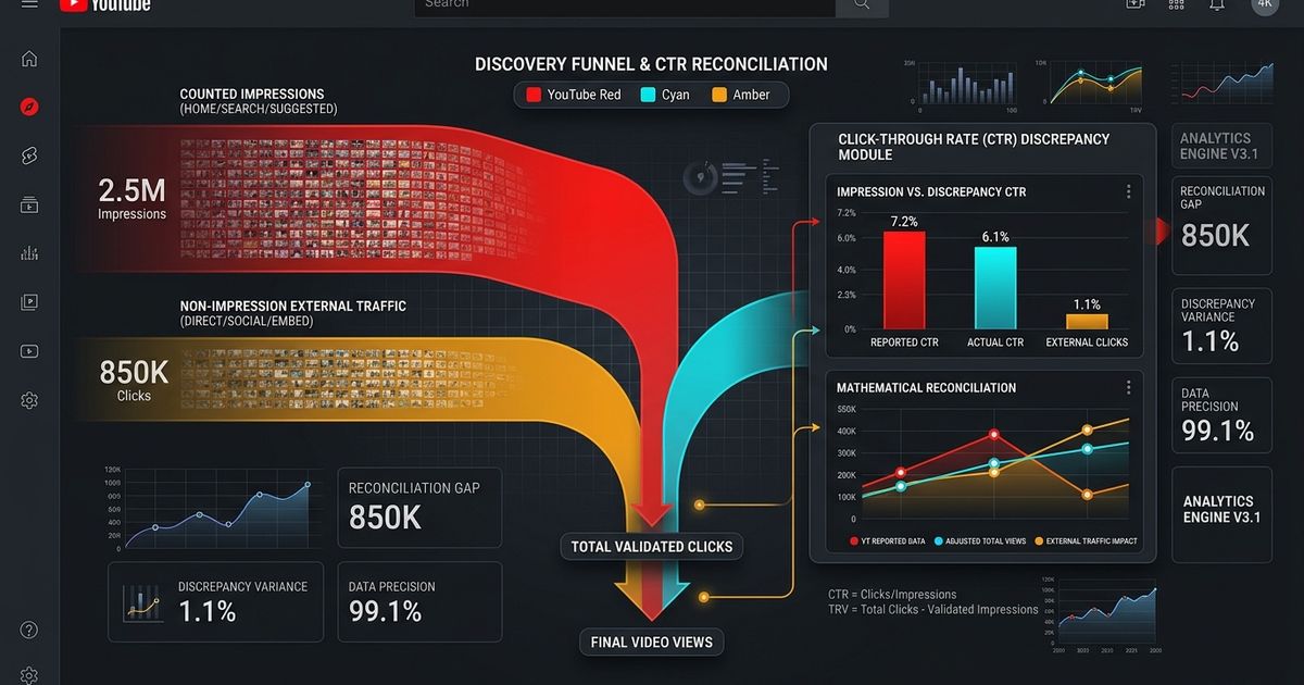 YouTube Studio Reach analytics discovery funnel comparing thumbnail impressions with total views on SocialStatsIQ