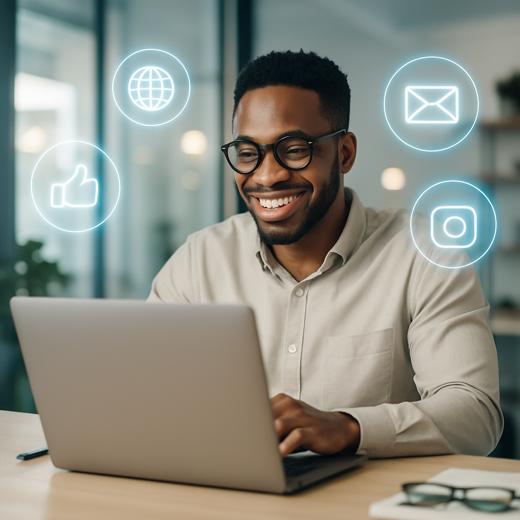 Um homem sorrindo trabalhando no computador com alguns ícones flutuando no ar a sua volta como um joinha, um mundo, uma carta e um ícone do Instagram.