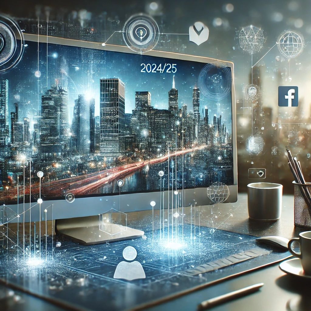 Um computador com fundo azul tecnológico e alguns prédios