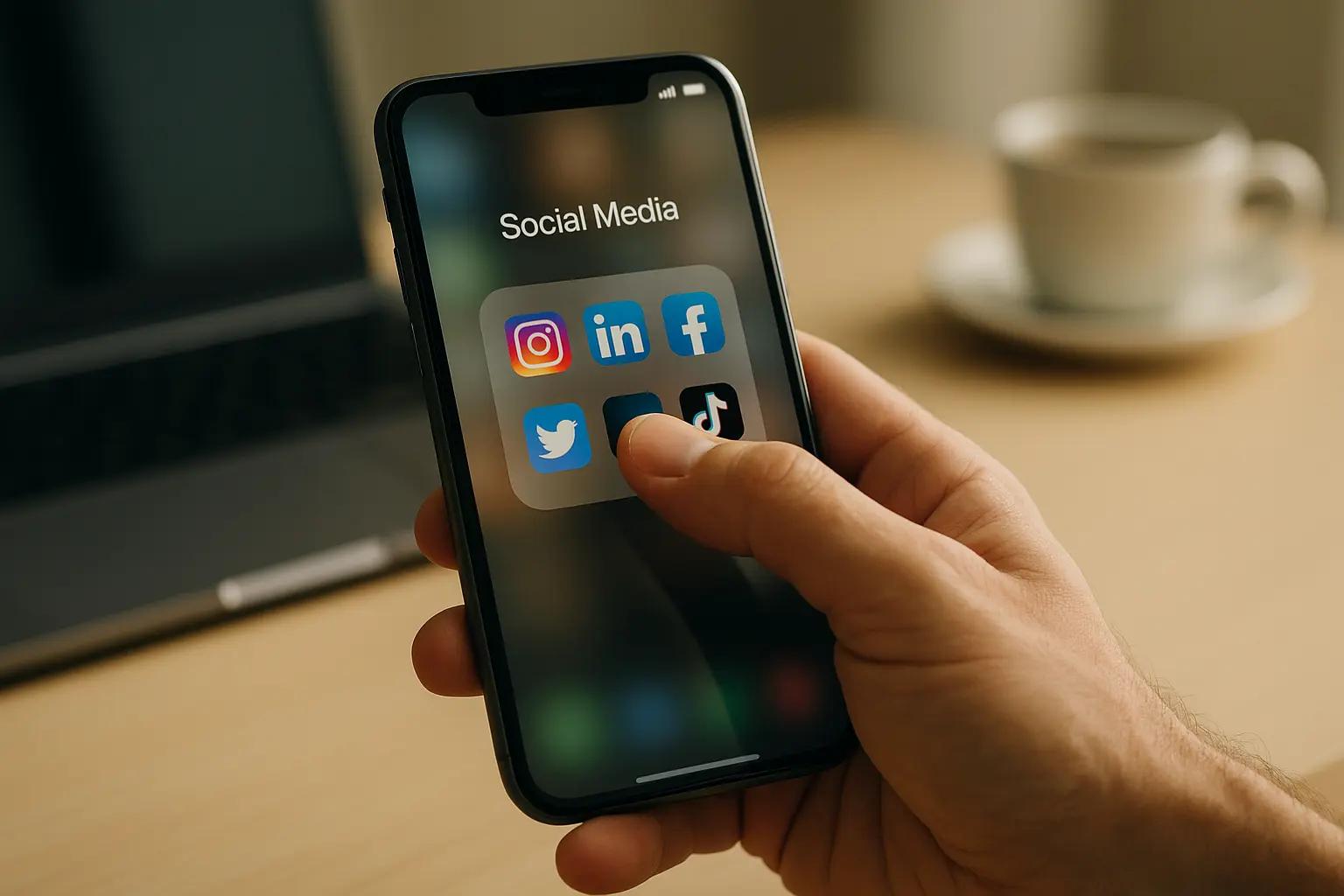 Alguém esta segurando o smartphone e olhando para suas redes sociais