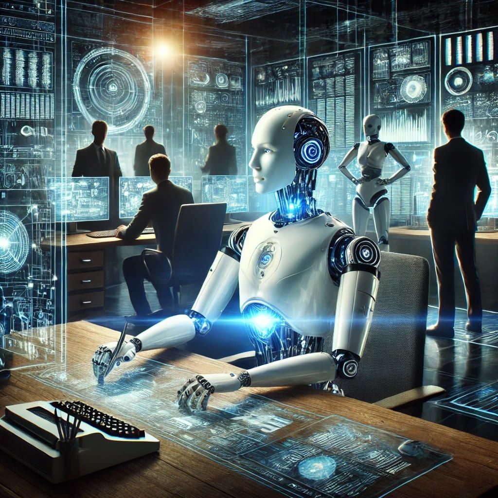 Robo trabalhando em um escritório com cenário tecnológico