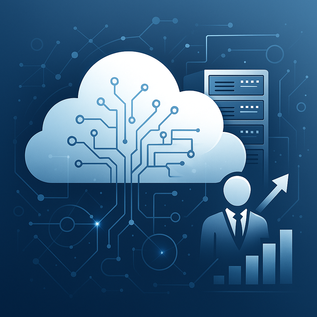 Ilustração simbolizando a Computação em Nuvem e a transformação digital nos negócios. Inclui elementos como redes de nuvem, servidores e conexões digitais. Transmite a ideia de escalabilidade, tecnologia e evolução dos negócios.