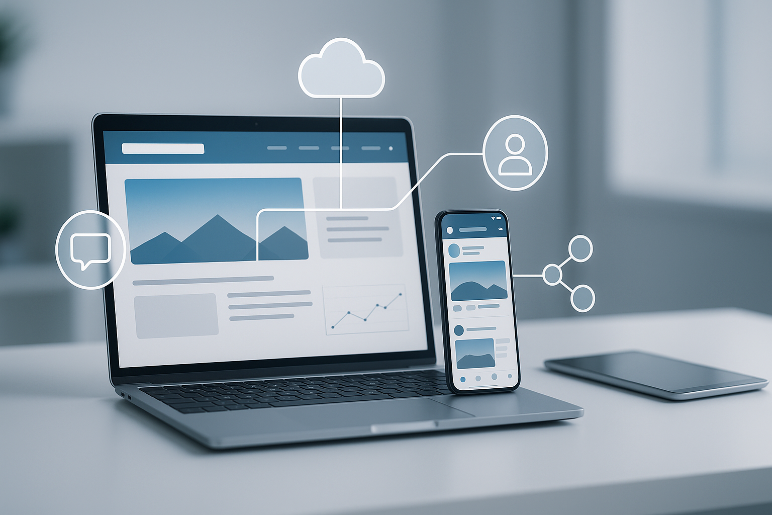 Uma mesa com um computador e um celular