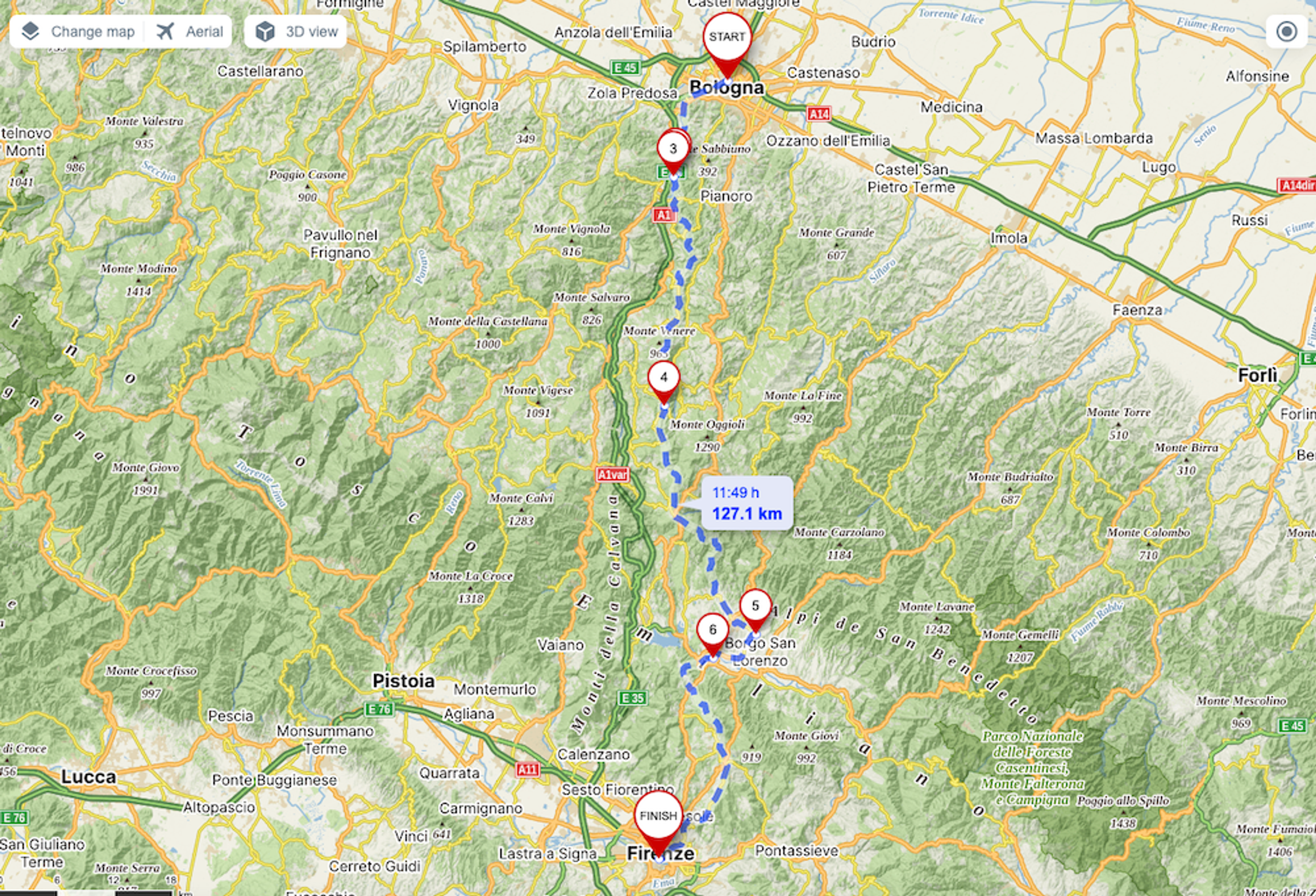 Map of Andrea's ride from Bologna to Florence