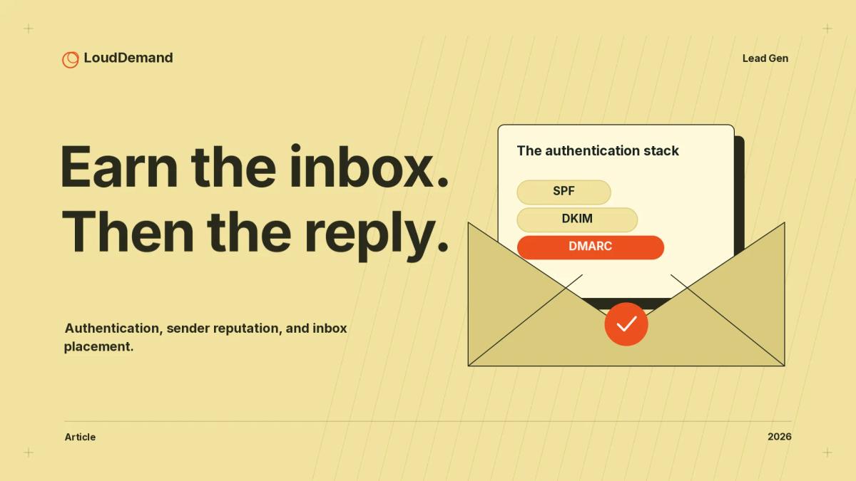 Earn the inbox. Then the reply. An illustrated editorial cover with an envelope and the authentication stack.