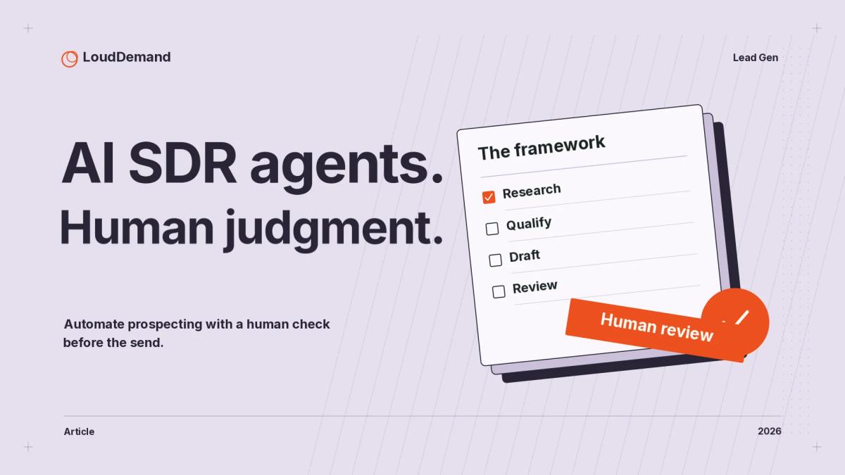 AI SDR agents. Human judgment. An illustrated editorial cover with labeled elements from the article framework.