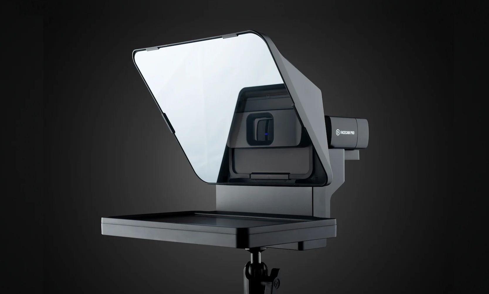 A product shot of the new Elgato prompter product with a Elgato Face Cam 4K and black background
