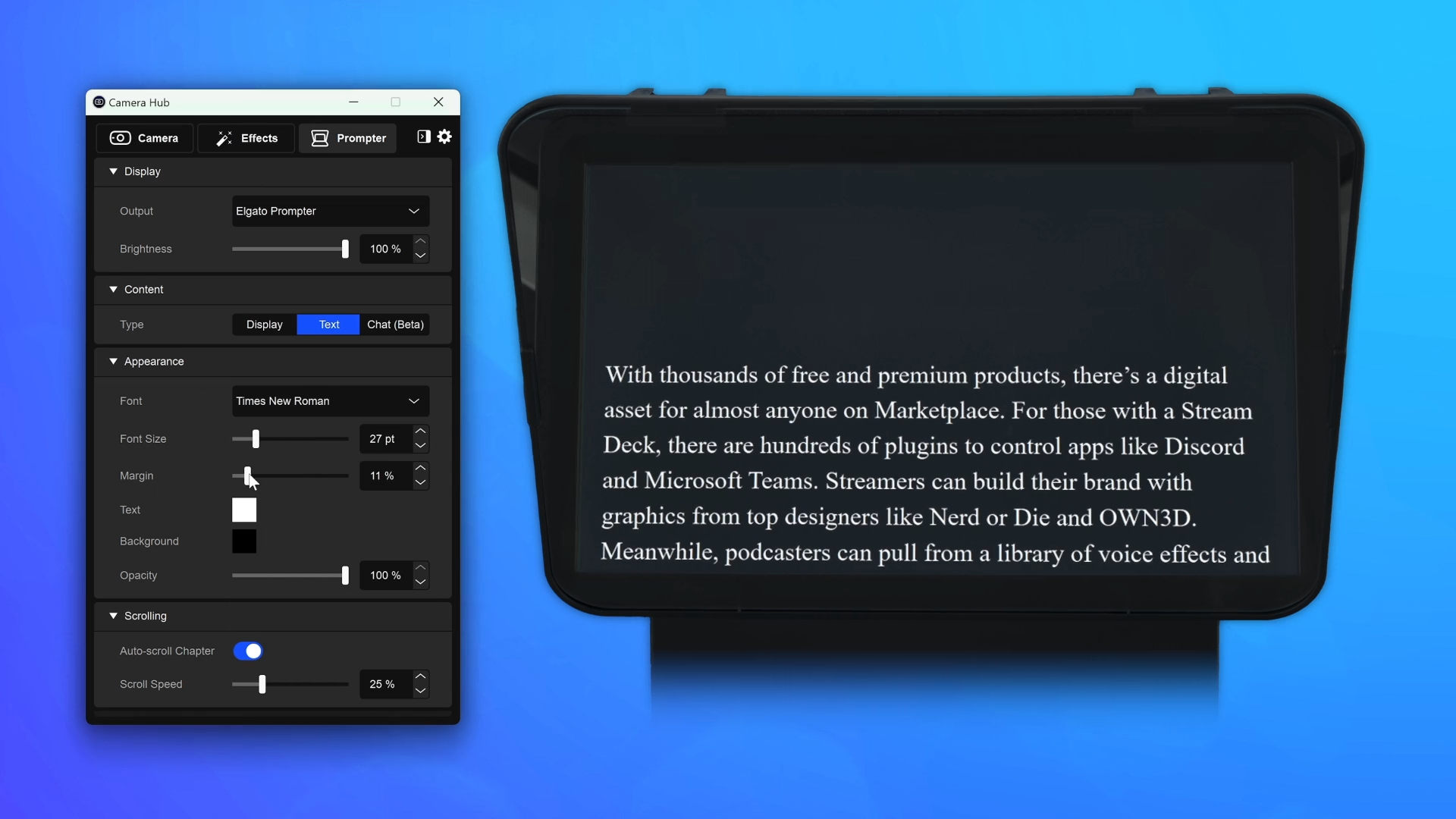 Elgato's Prompter software, showing various sliders and vast customization options for text mode. On the right is a preview of what the prompter output would look like.