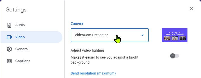 A screenshot of Google Meet settings where the mouse is hovering over the Camera with VideoCom Presenter selected.