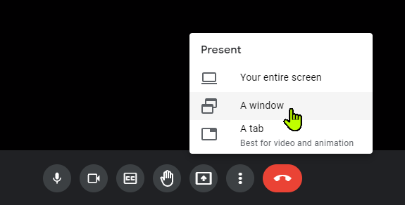 A screenshot of a Google Meet room and the mouse is hovering over a dropdown selection, about to click "A window".