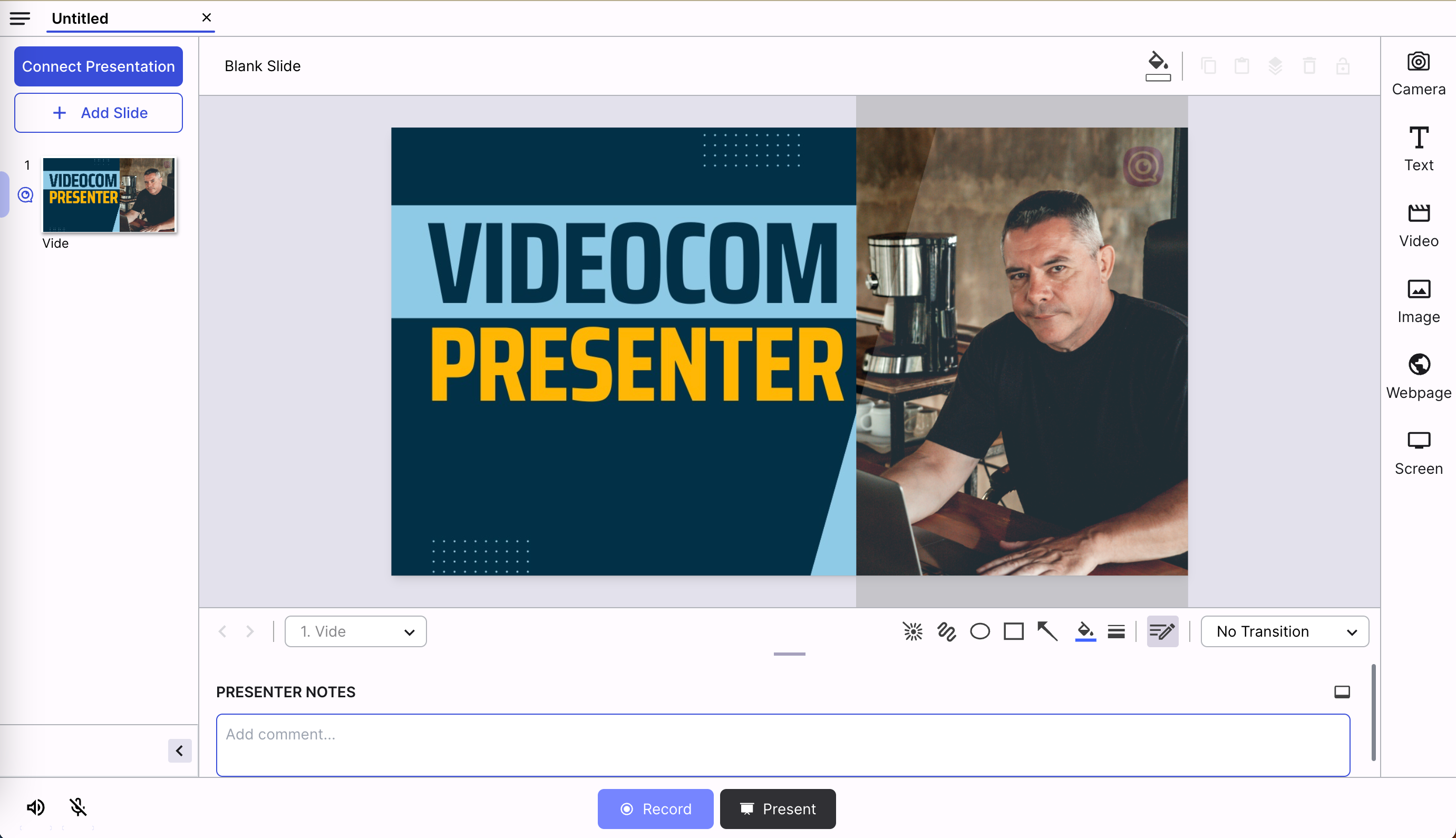 Screenshot of VideoCom Presenter interface, a tool for creating effortless sales videos.
