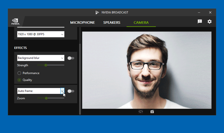 Animated GIF showing the steps to enable NVidia Broadcast's Eye-contact feature