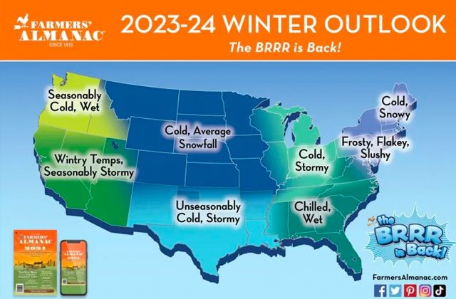 Top Five Fridays August 4, 2023: Farmers' Almanac Official Winter 2023-2023 Weather Prediction Graphic