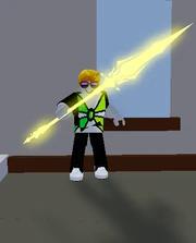 GIF showing the Light Fruit user attacking with a Light Spear in Roblox Blox Fruits, demonstrating the powerful M1 attack against enemies, including Chop users.