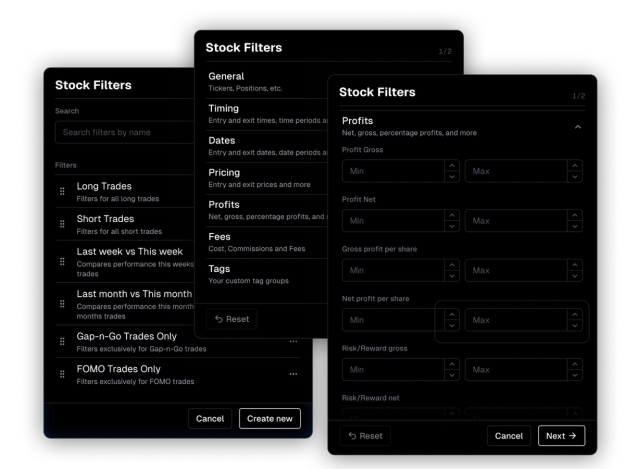 Create and use custom stock/option/forex/crypto/futures filters to simplify tracking and performance analysis.