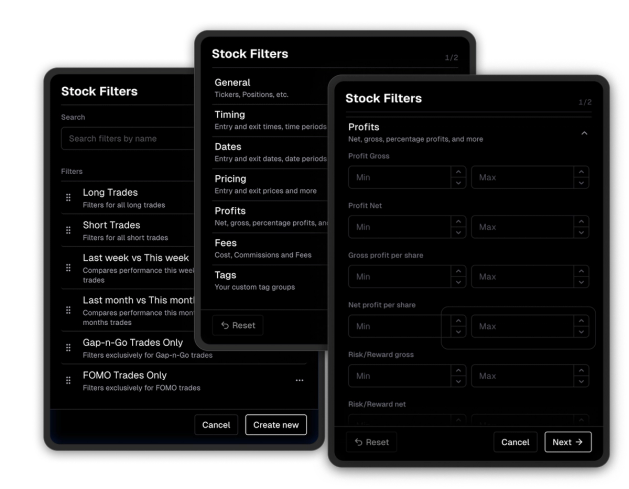 Create and use custom stock/option/forex/crypto/futures filters to simplify tracking and performance analysis.
