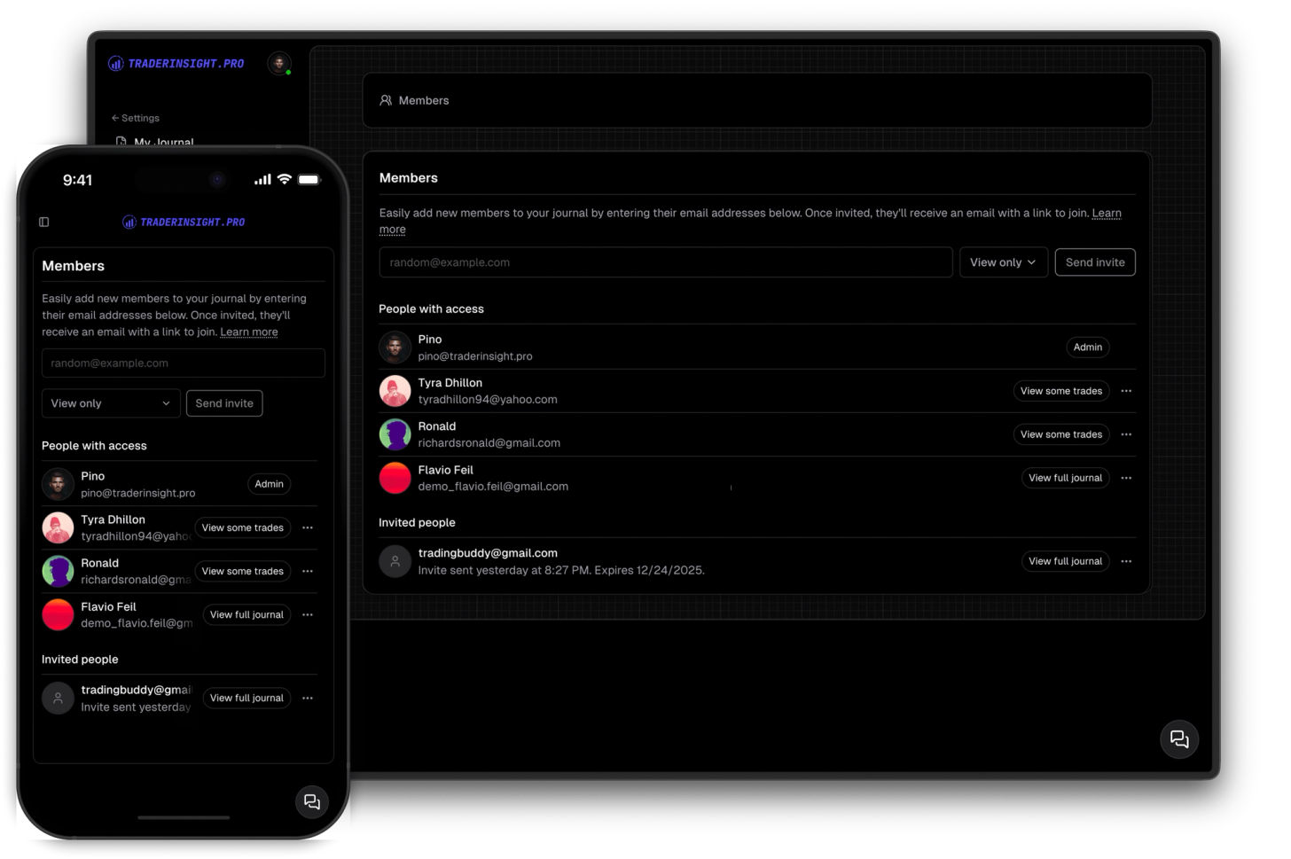 Invite team members to your journal and share your trades privately with selected individuals or showcase them to the world with ease.