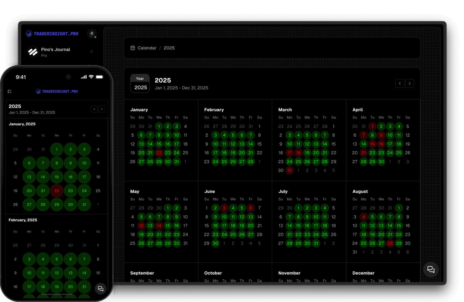 View and track trading activity across yearly, monthly, and daily calendars.