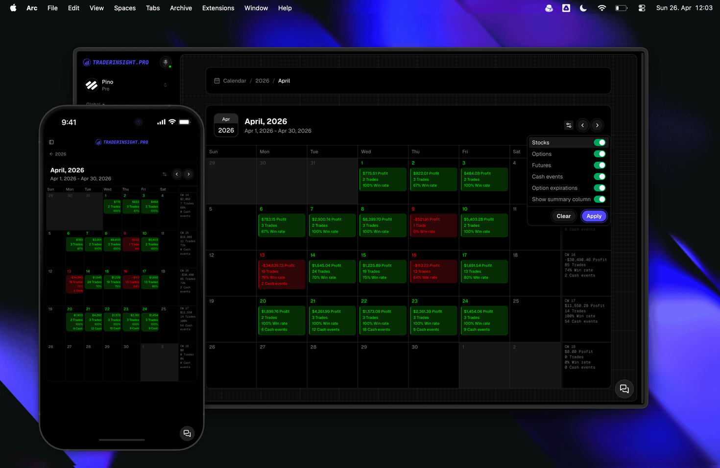 Weekly PnL summaries and cash events in your trade calendar