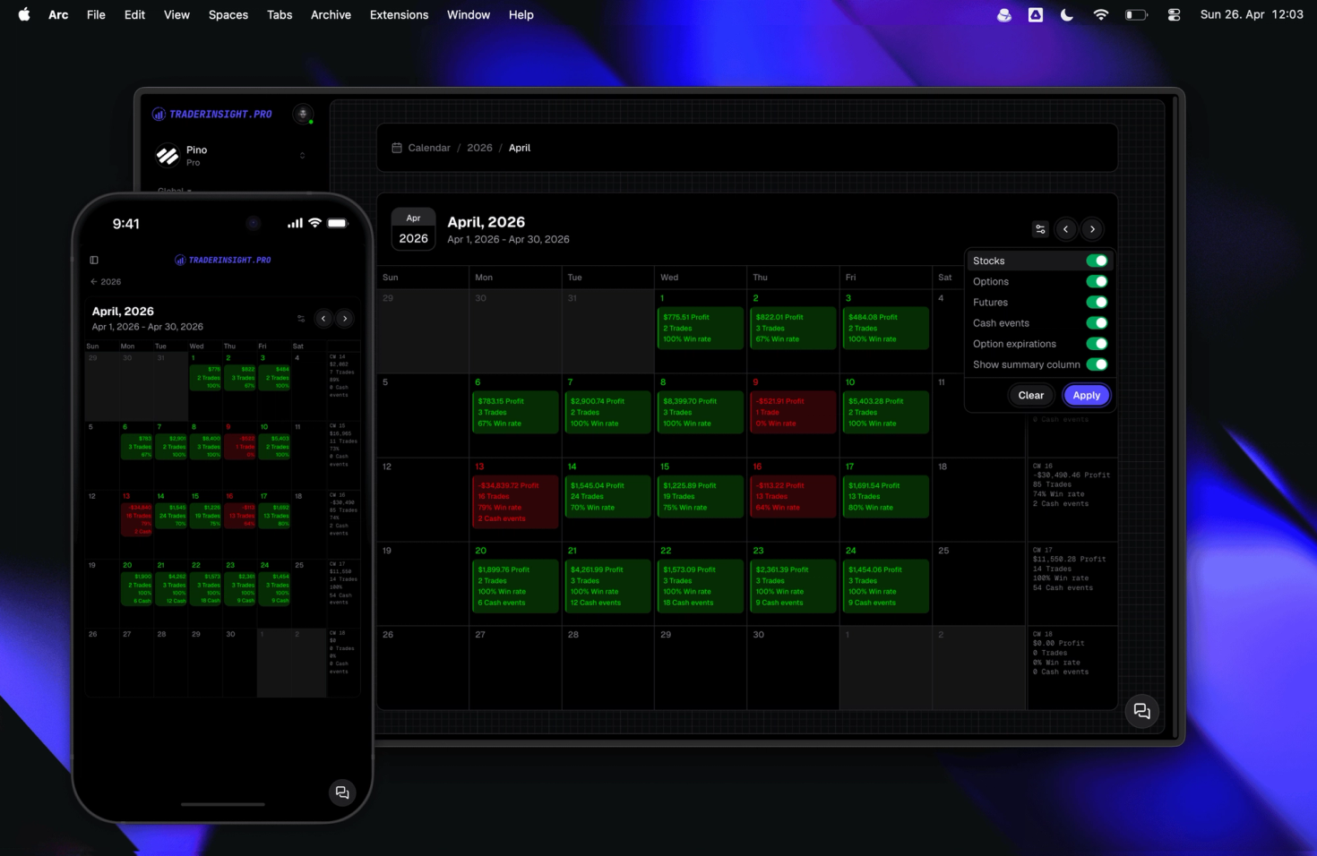 Weekly PnL summaries and cash events in your trade calendar