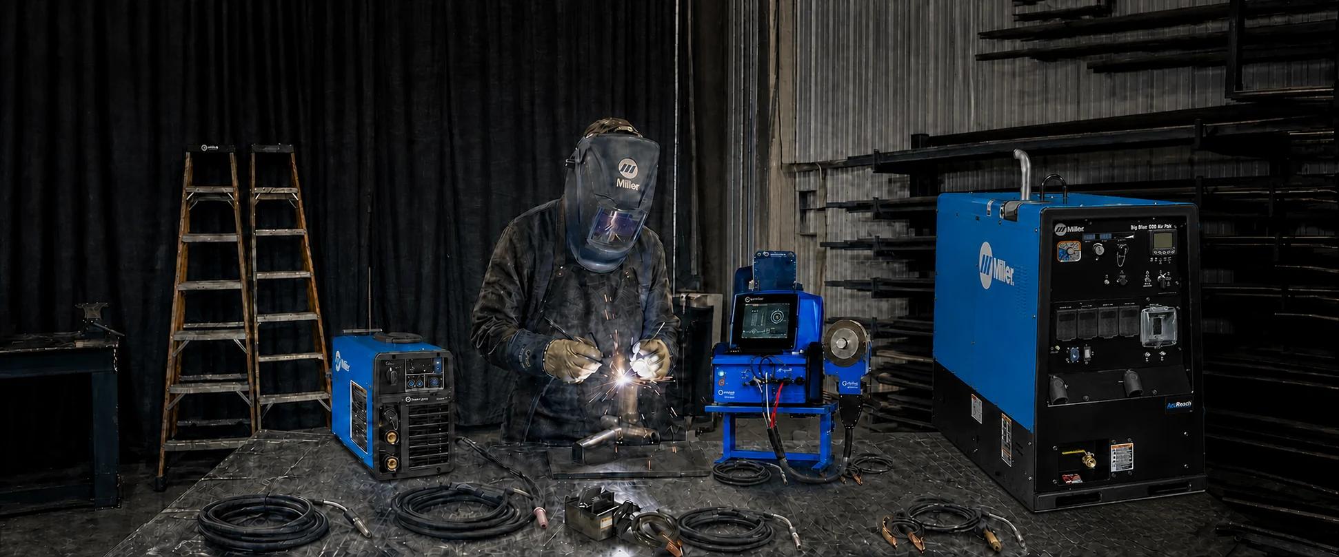 Welder surrounded by Miller, Orbitalum, Bernard and Weldcraft equipment