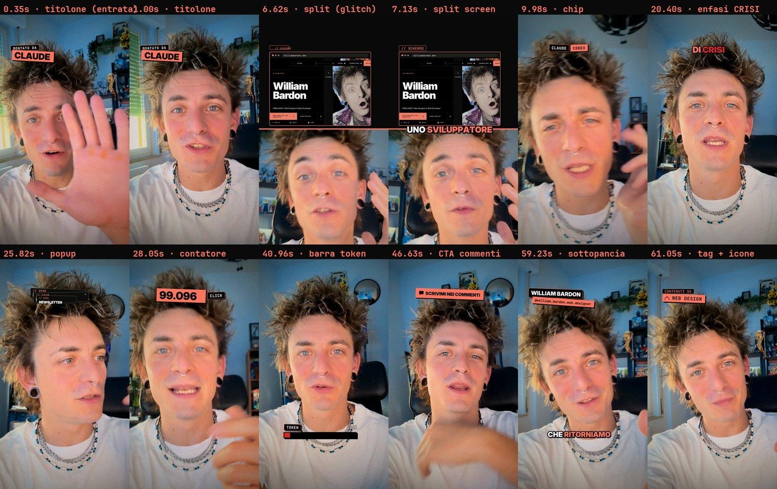 Dodici fotogrammi del primo video con le grafiche: titolo sticker, split screen con il sito, chip, contatore, barra dei token, sottopancia.