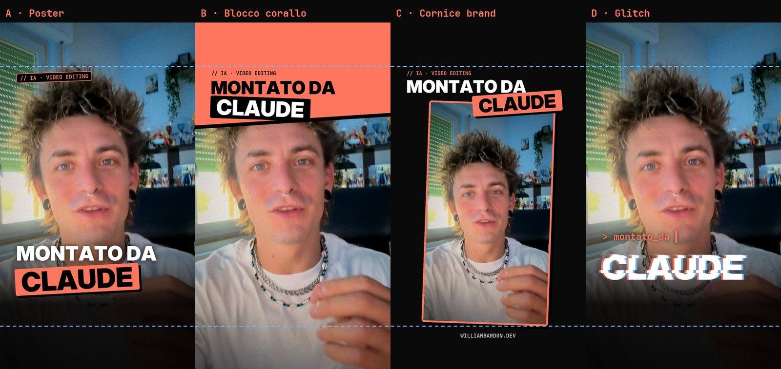 Quattro stili di copertina per "Montato da Claude": poster, blocco corallo, cornice brand e glitch, con il ritaglio 3:4 tratteggiato.