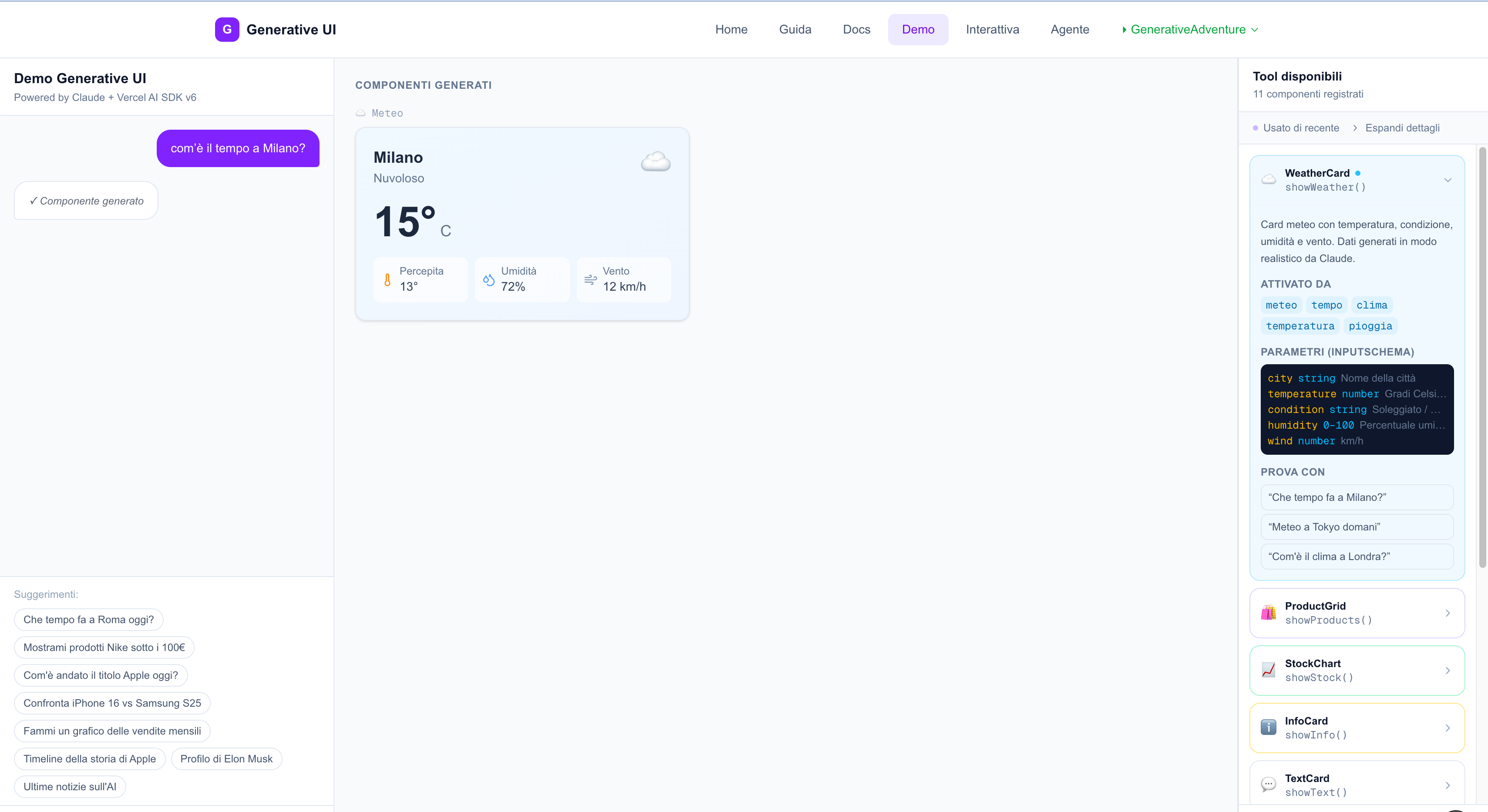 Demo tool meteo milano in generative ui result