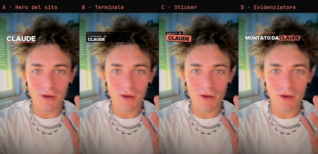 Quattro varianti del titolo "Montato da Claude" sullo stesso fotogramma: hero del sito, terminale, sticker ed evidenziatore.