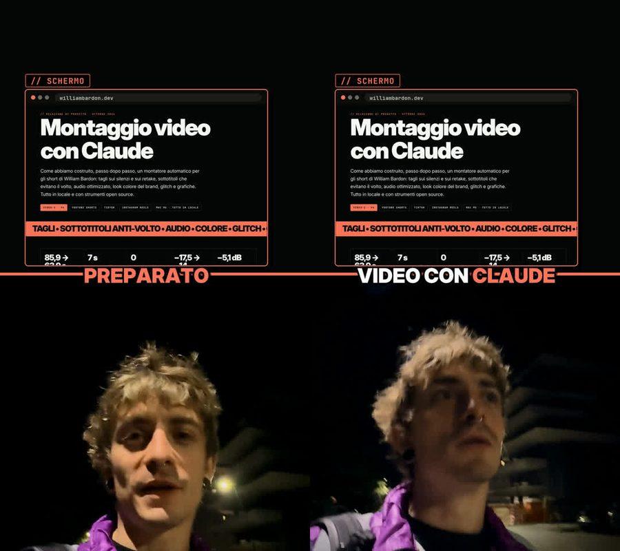 Due fotogrammi del secondo video: sopra la schermata della relazione "Montaggio video con Claude", sotto William che cammina di notte.