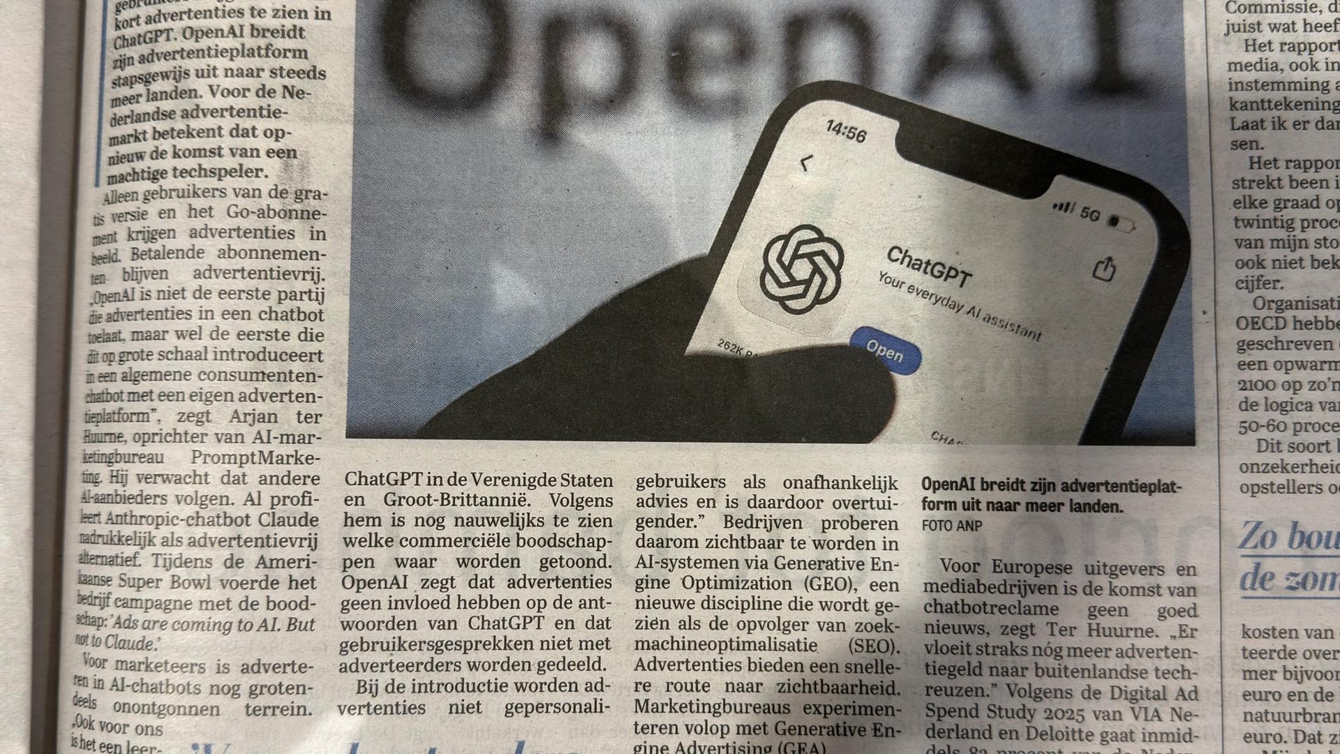 PromptMarketing in De Telegraaf on the arrival of ChatGPT advertising