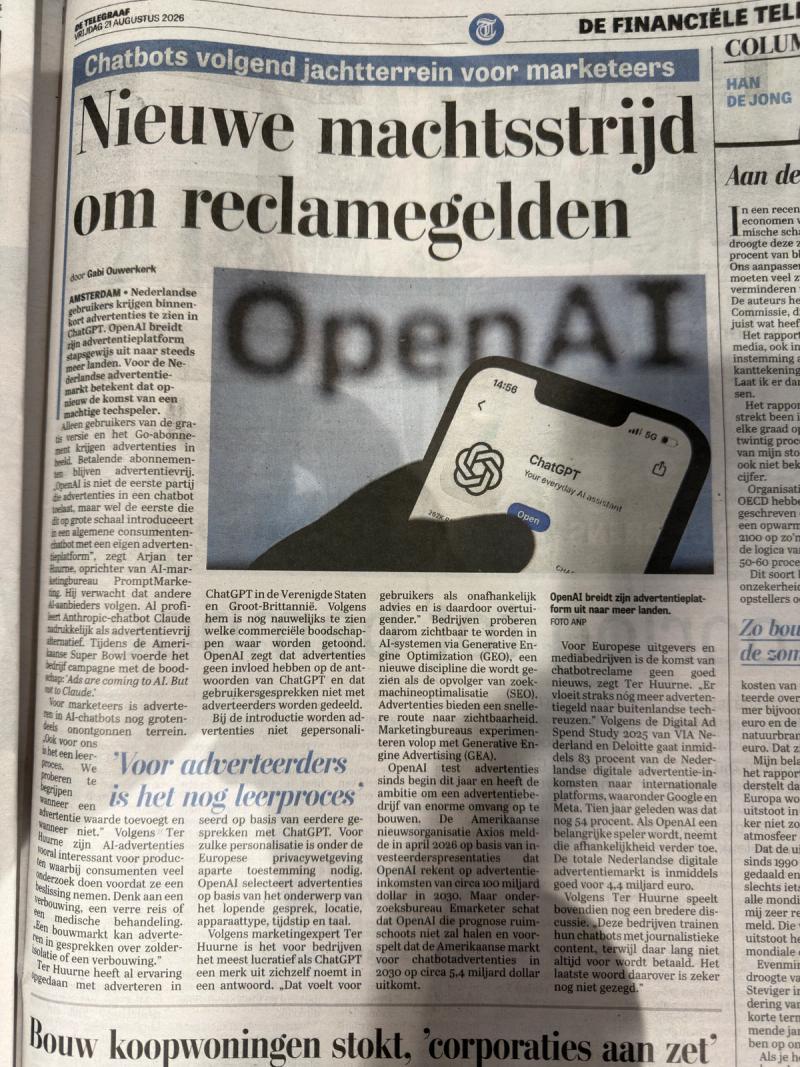 PromptMarketing in De Telegraaf on the arrival of ChatGPT advertising