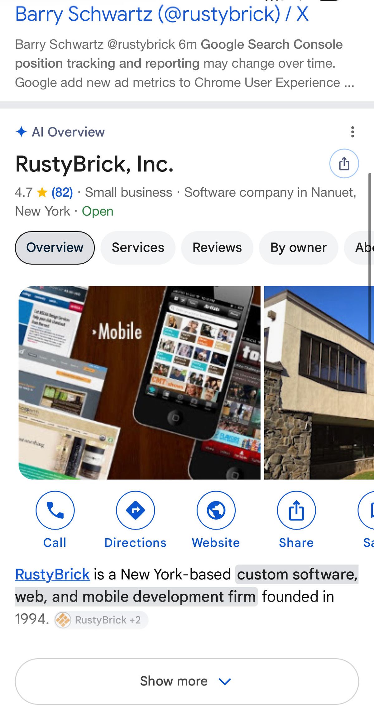 Lokaal kennispaneel van Google voor RustyBrick, Inc. met de kop AI Overview, beoordeling, foto's, knoppen voor bellen, routebeschrijving en website, een door AI geschreven beschrijving van het bedrijf en een knop Show more