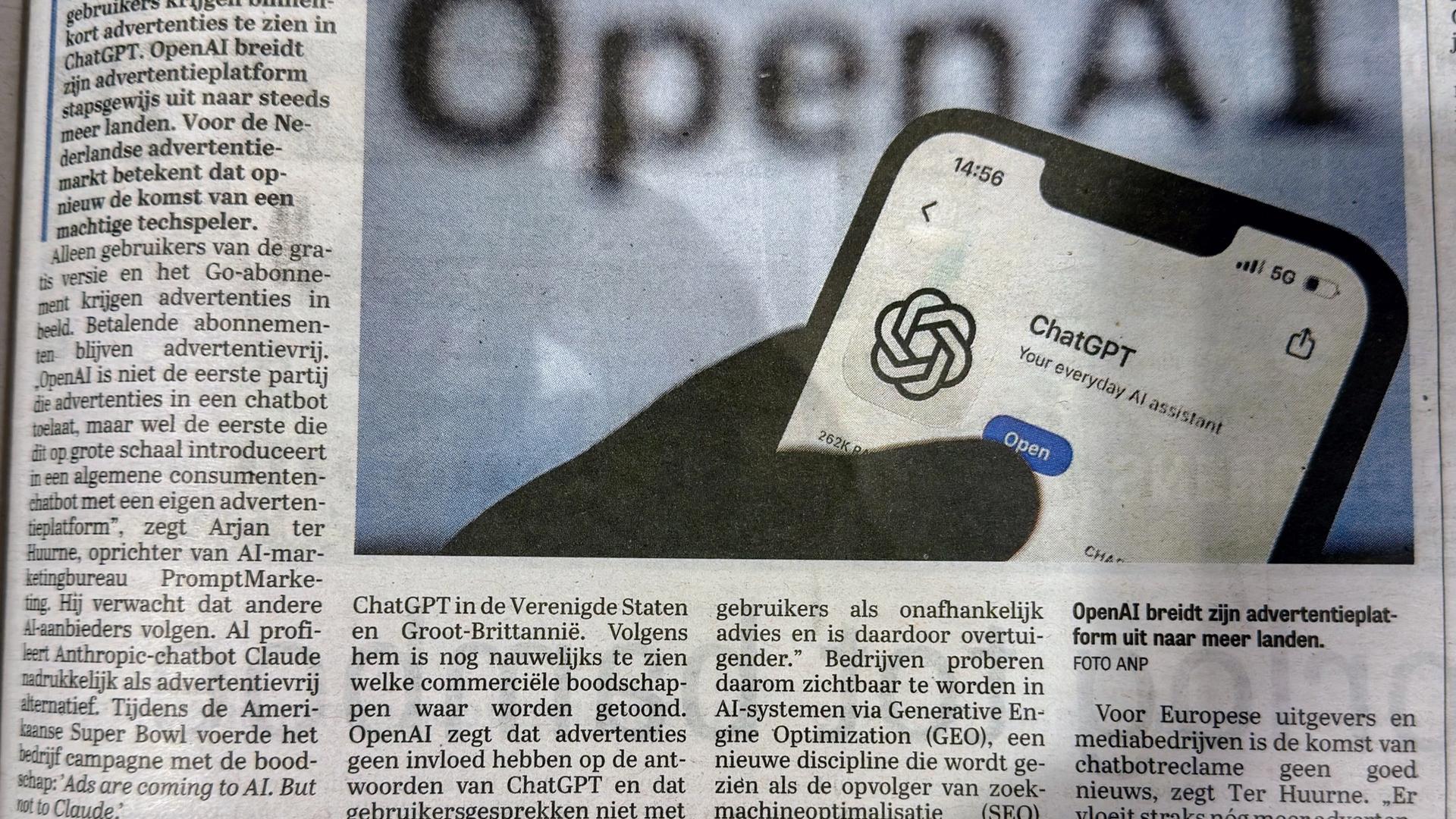 PromptMarketing in De Telegraaf over de komst van ChatGPT-advertenties