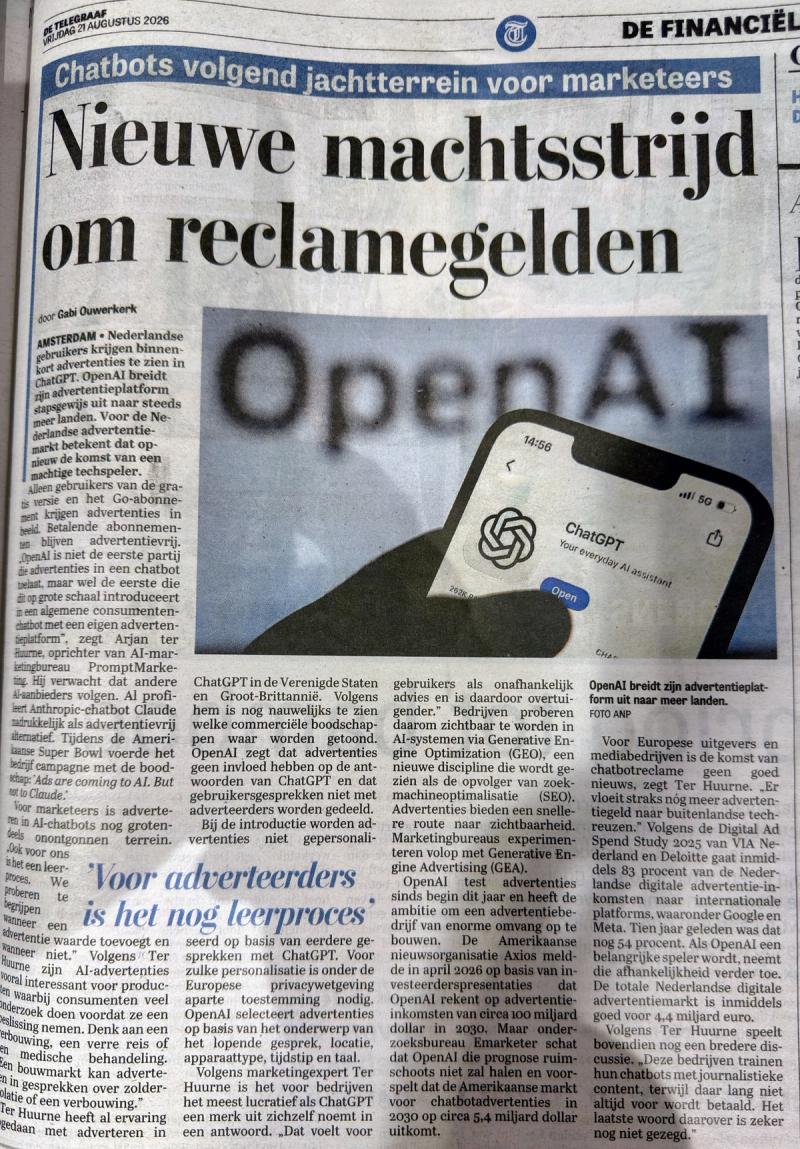 PromptMarketing in De Telegraaf over de komst van ChatGPT-advertenties
