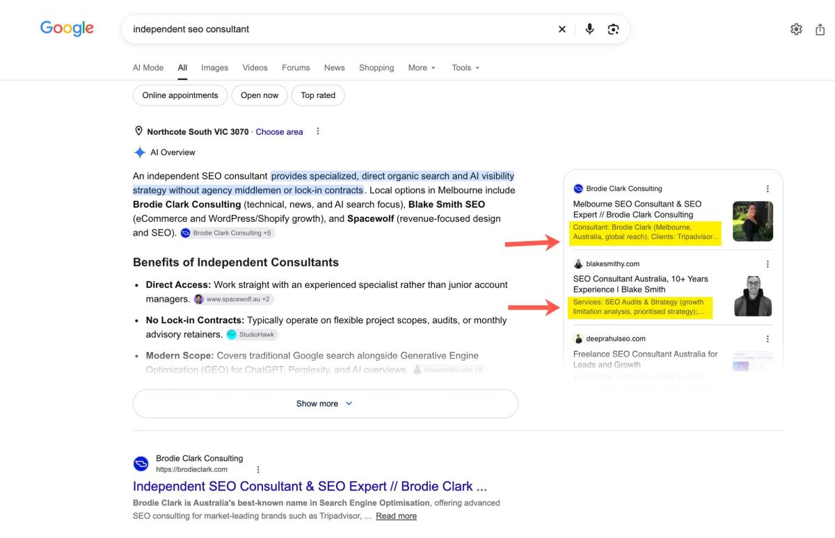 Google AI Overview for independent seo consultant with the citation cards on the right highlighted: under each source title Google shows an AI-written line such as Consultant: Brodie Clark, Melbourne, global reach, Clients: Tripadvisor