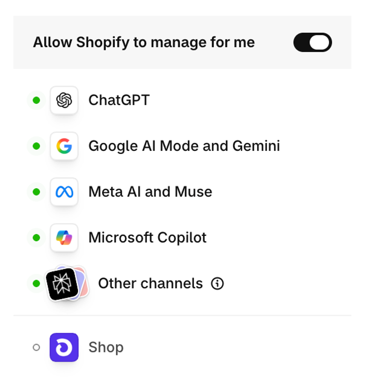 Shopify admin setting "Allow Shopify to manage for me" switched on, with ChatGPT, Google AI Mode and Gemini, Meta AI and Muse, Microsoft Copilot and Other channels listed as active