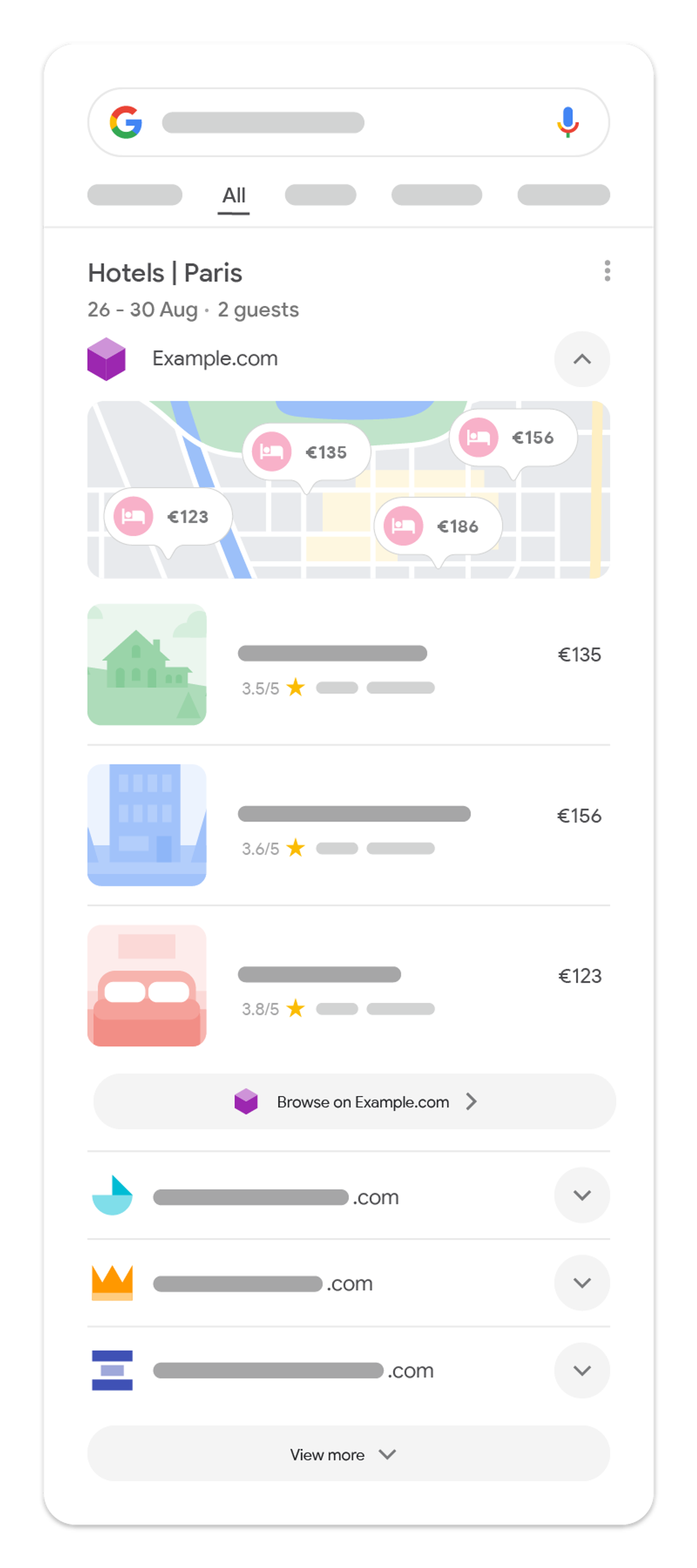 Google's voorbeeld van de aggregator unit voor een hotelzoekopdracht in Parijs: één vergelijkingsdienst uitgeklapt met kaart en drie hotels met prijzen, en drie andere diensten ingeklapt eronder