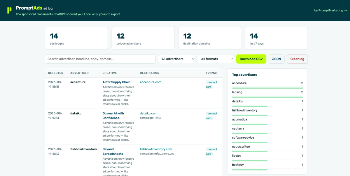 PromptAds interface