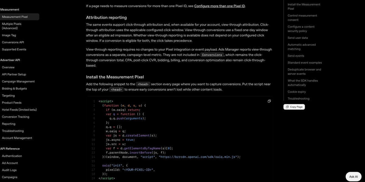 OpenAI's measurement pixel documentation: the Install the Measurement Pixel snippet ends with oaiq init and a pixel id and contains no consent call, while Control measurement consent is listed as a separate section in the page navigation