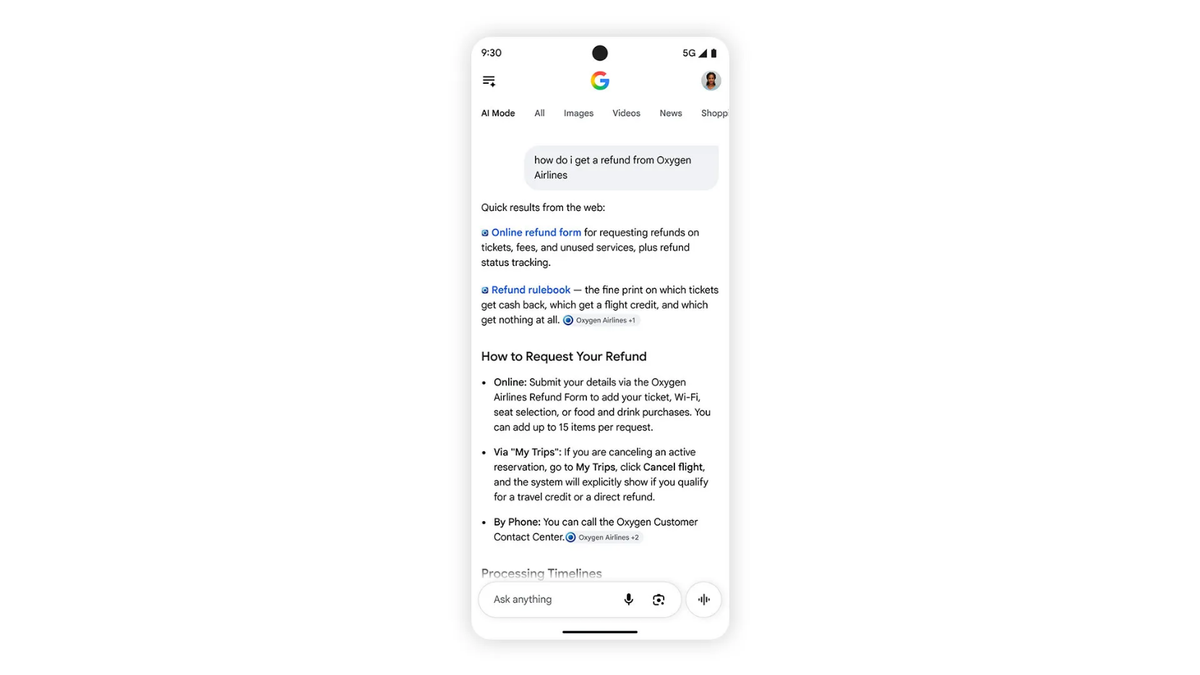 Google AI Mode-antwoord op een vraag over een terugbetaling, met bovenaan een sectie Quick results from the web die het online terugbetaalformulier en de terugbetaalregels van de luchtvaartmaatschappij linkt vóór de gegenereerde stappen