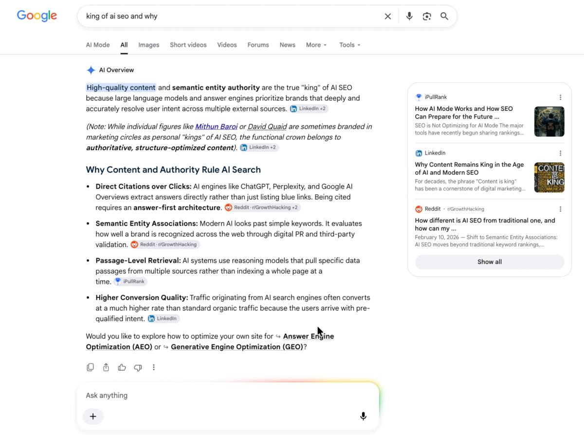 Google AI Overview for the query "king of ai seo and why", with source chips for LinkedIn, Reddit and iPullRank in the text and two underlined follow-up links at the bottom that open AI Mode