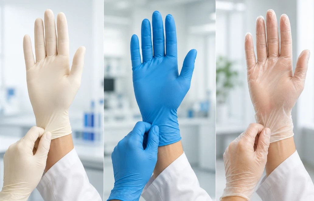 Hands putting on different types of disposable gloves: cream latex, blue nitrile, and light pink vinyl, in a clean laboratory setting
