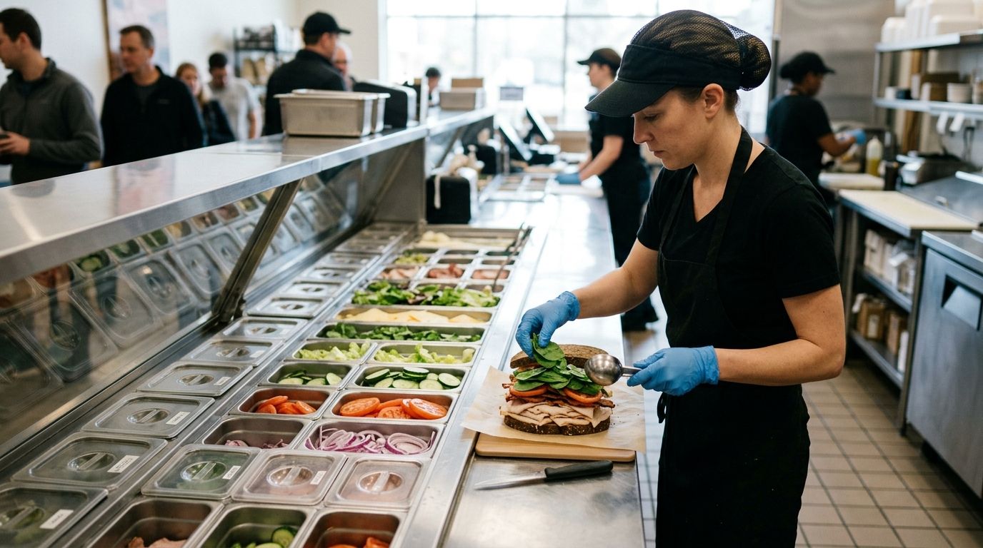 Quick-service restaurant worker wearing blue disposable gloves at a clean sandwich preparation line.