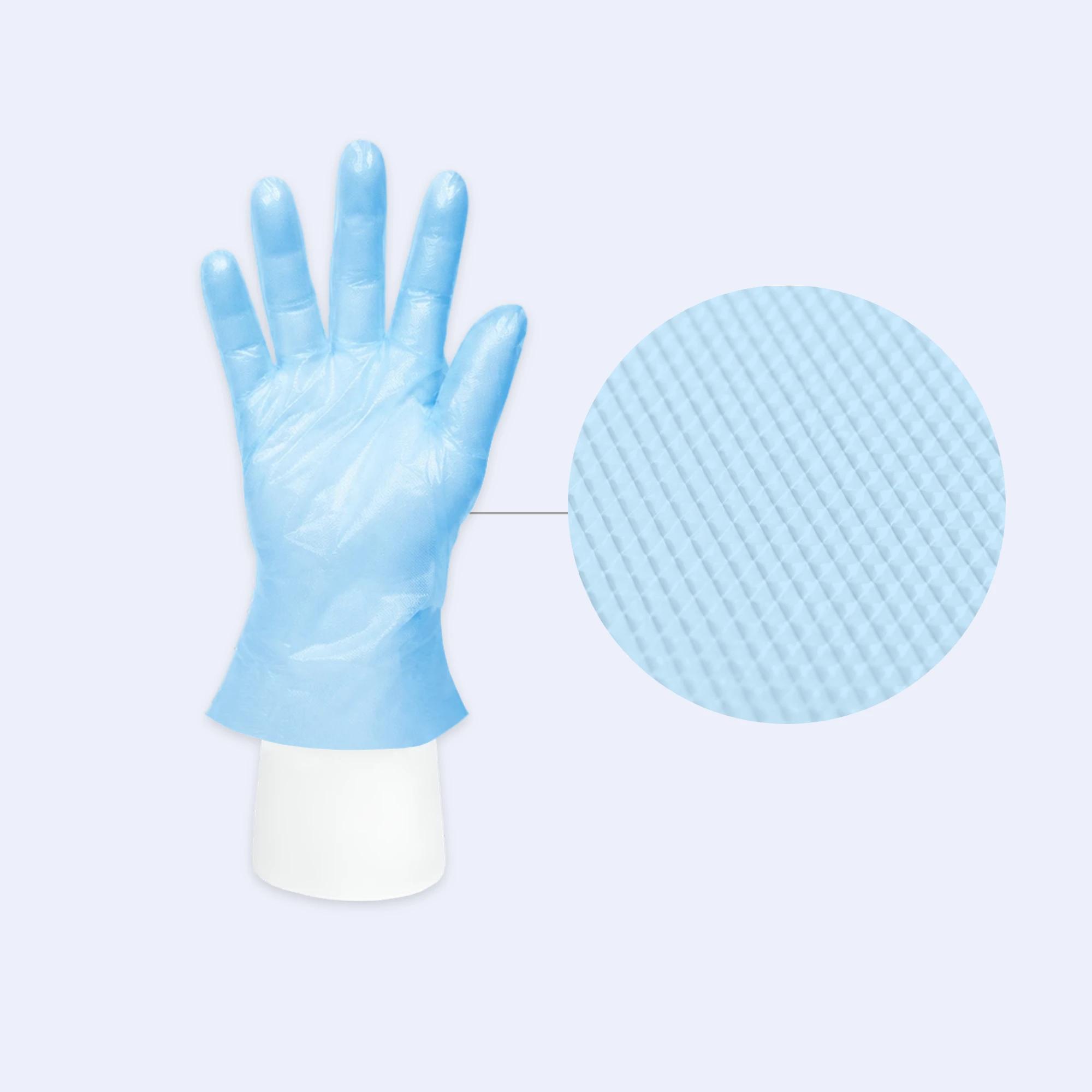 Blue disposable CPE gloves featuring lightweight design and reliable tear resistance