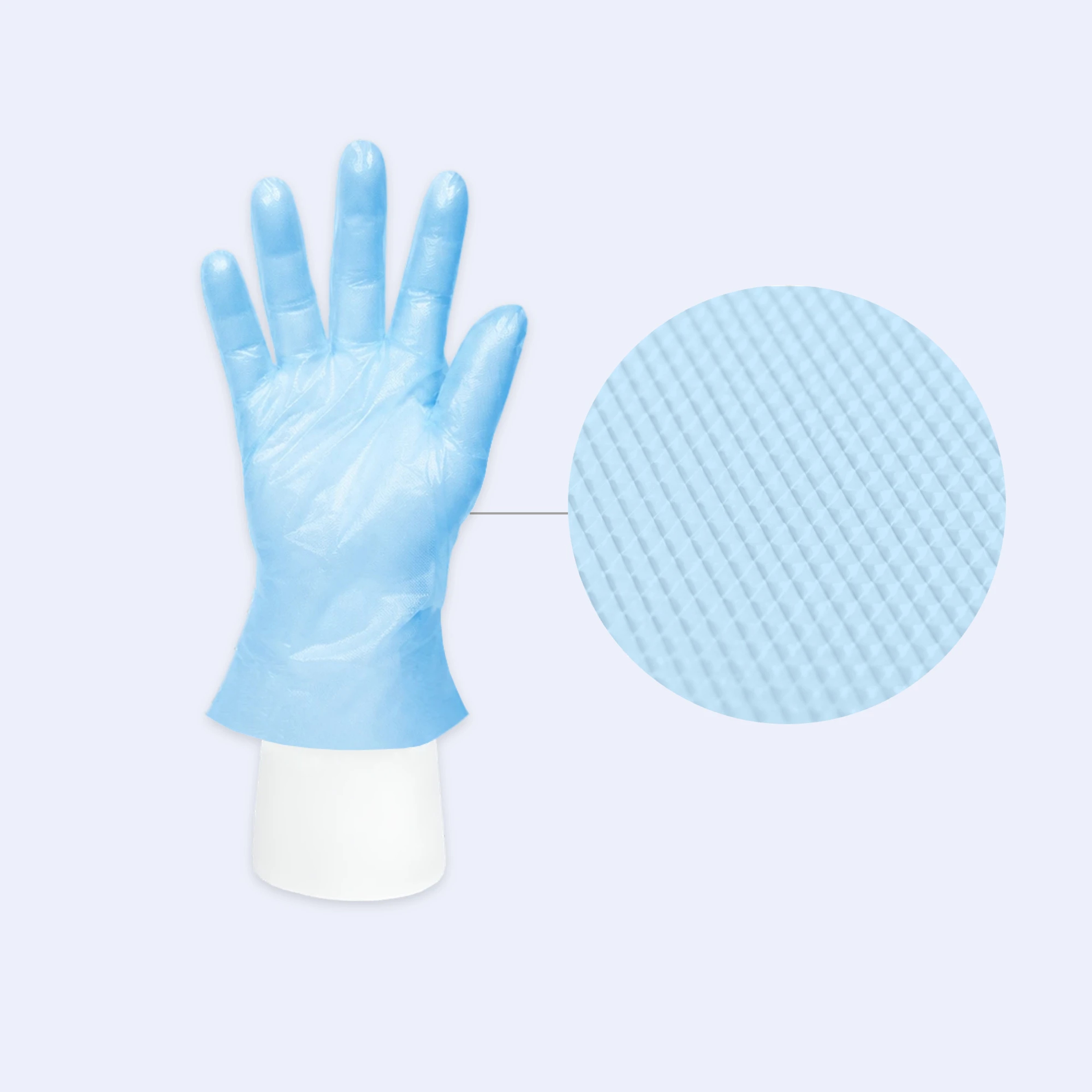 Blue disposable CPE gloves featuring lightweight design and reliable tear resistance