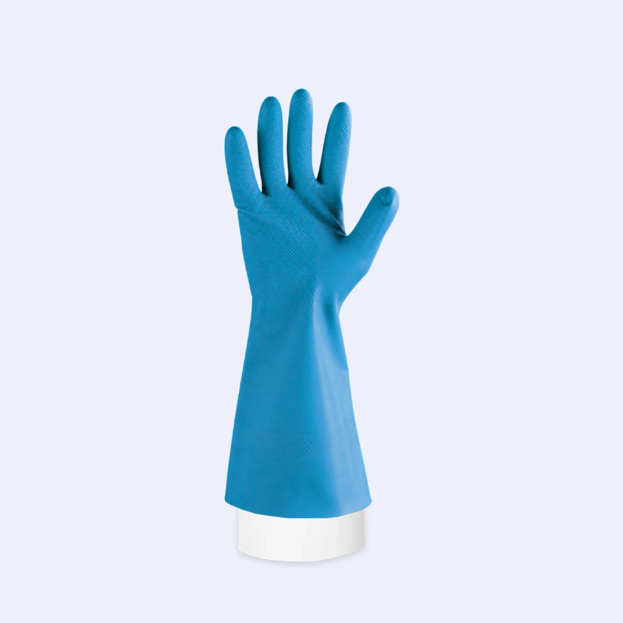 Nitrile Chemical Resistant Gloves compact view of texture and grip details with 100% Nitrile (Latex-Free), showing chemical, oil, and industrial liquid protection.