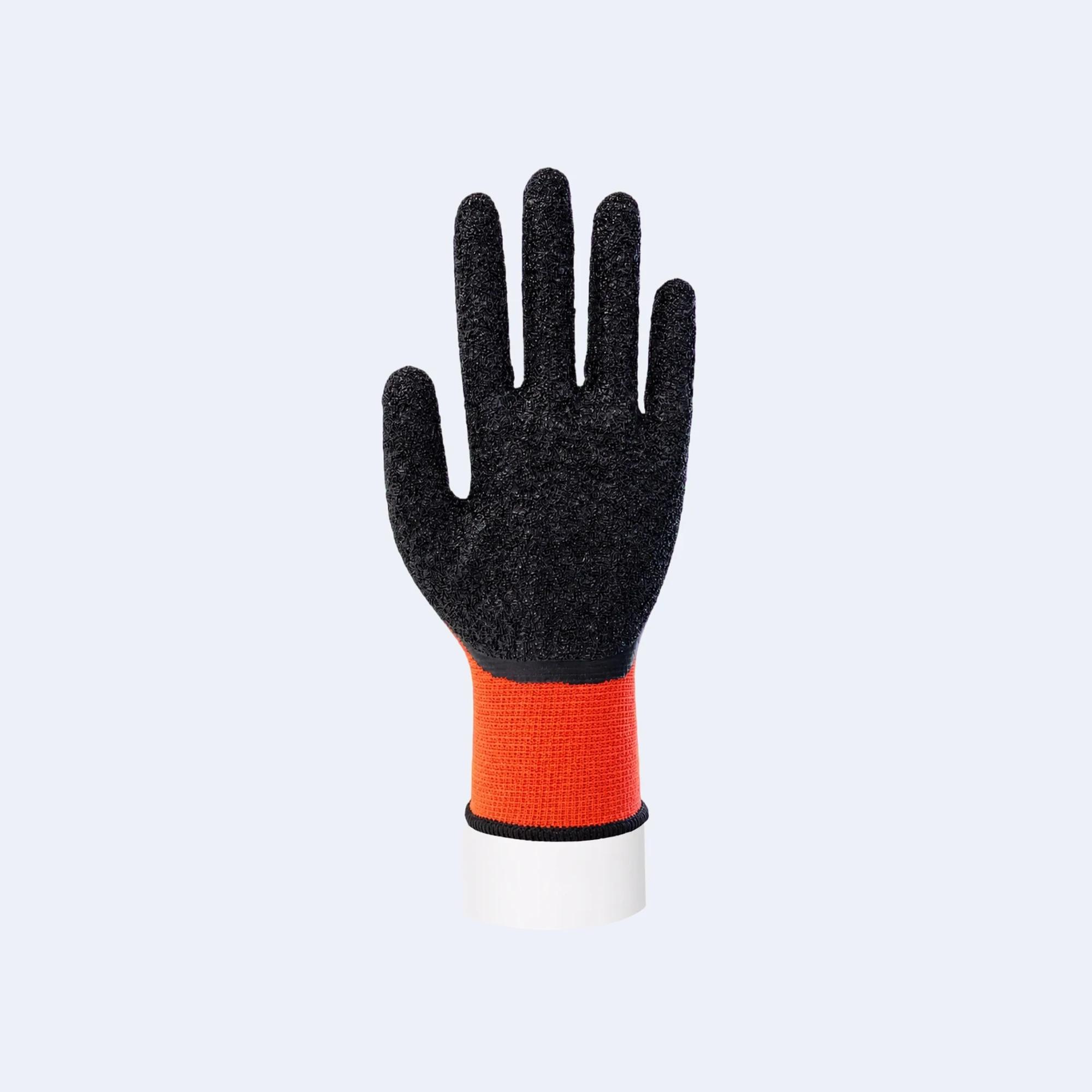 Latex Sandy Gloves compact view of the glove fit and cuff area with Polyester liner and Latex coating, showing sandy latex grip for wet and dry work.