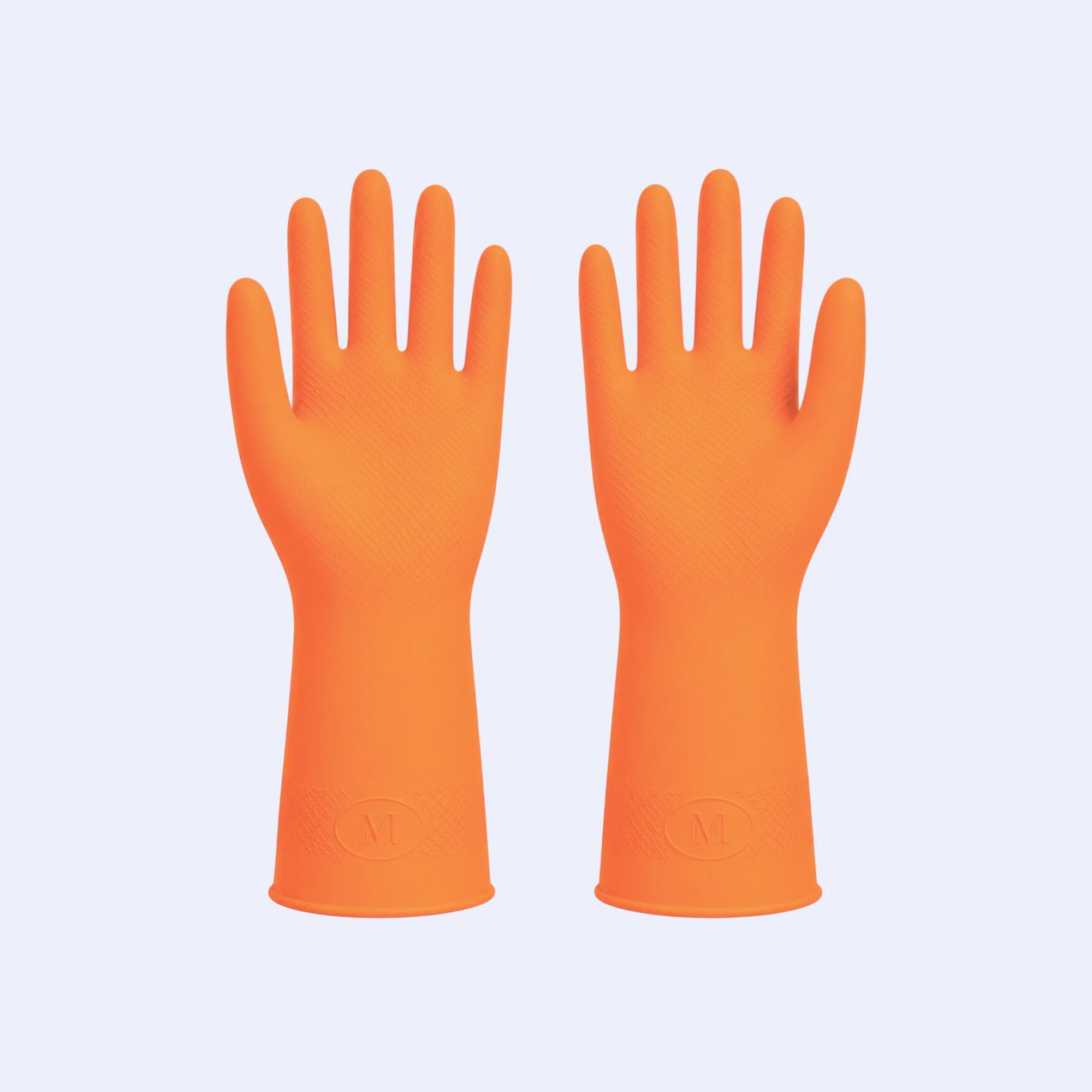 Unlined latex cleaning gloves with a flexible flock-free interior