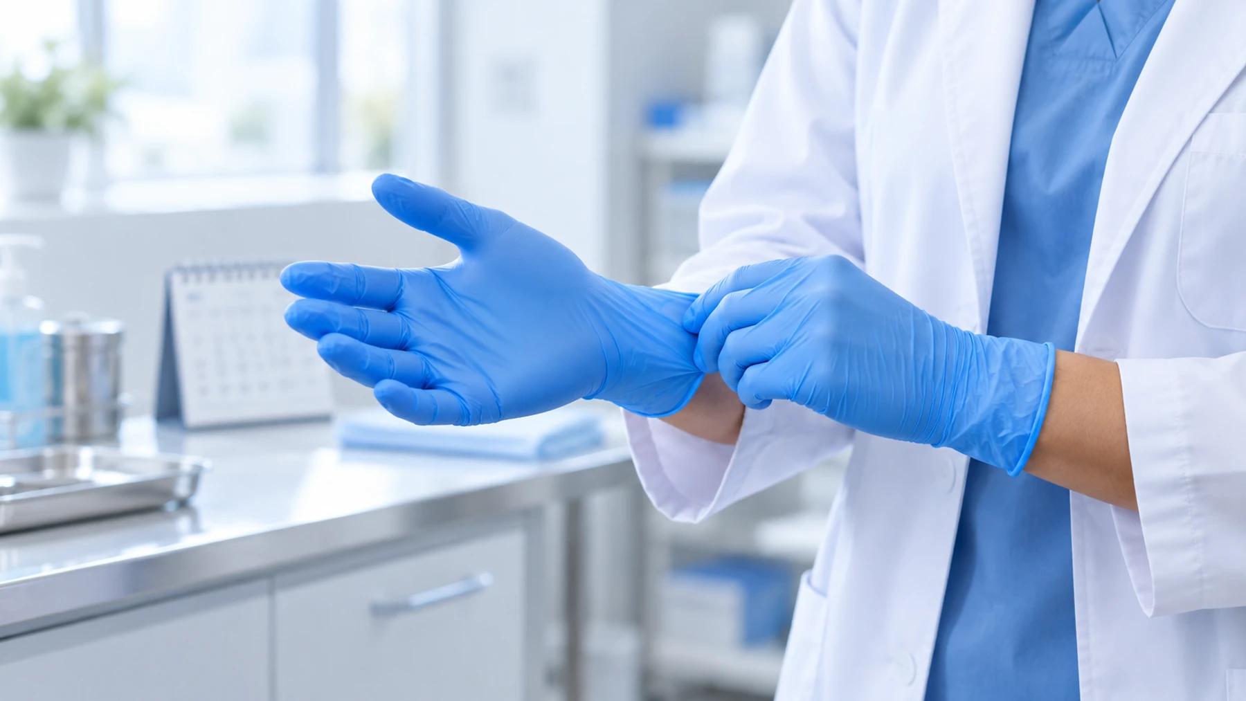 Healthcare professional putting on blue nitrile gloves, illustrating how to check medical glove expiration dates, shelf life, storage conditions, and glove integrity before use.